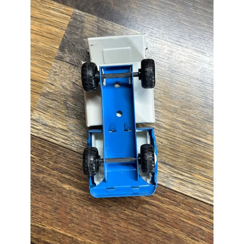 Vintage Tin Litho Garbage Truck Toy Blue and White Made in Japan Dump Truck